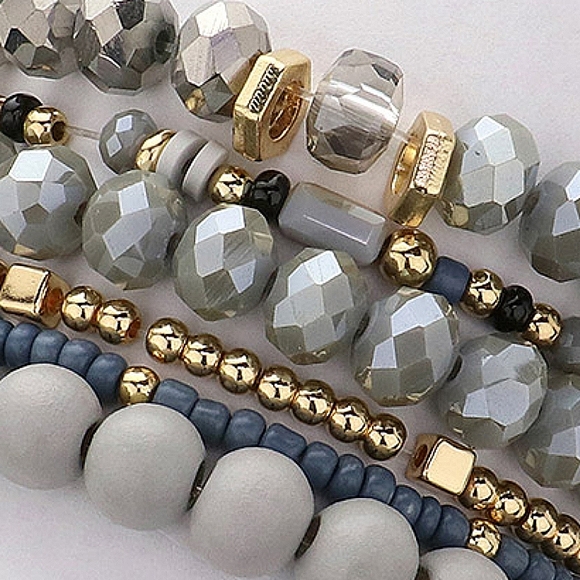Gray Wood Ball Beaded 6 Piece Stacked MultiLayered Stretch Bracelets Gold - Picture 3 of 5